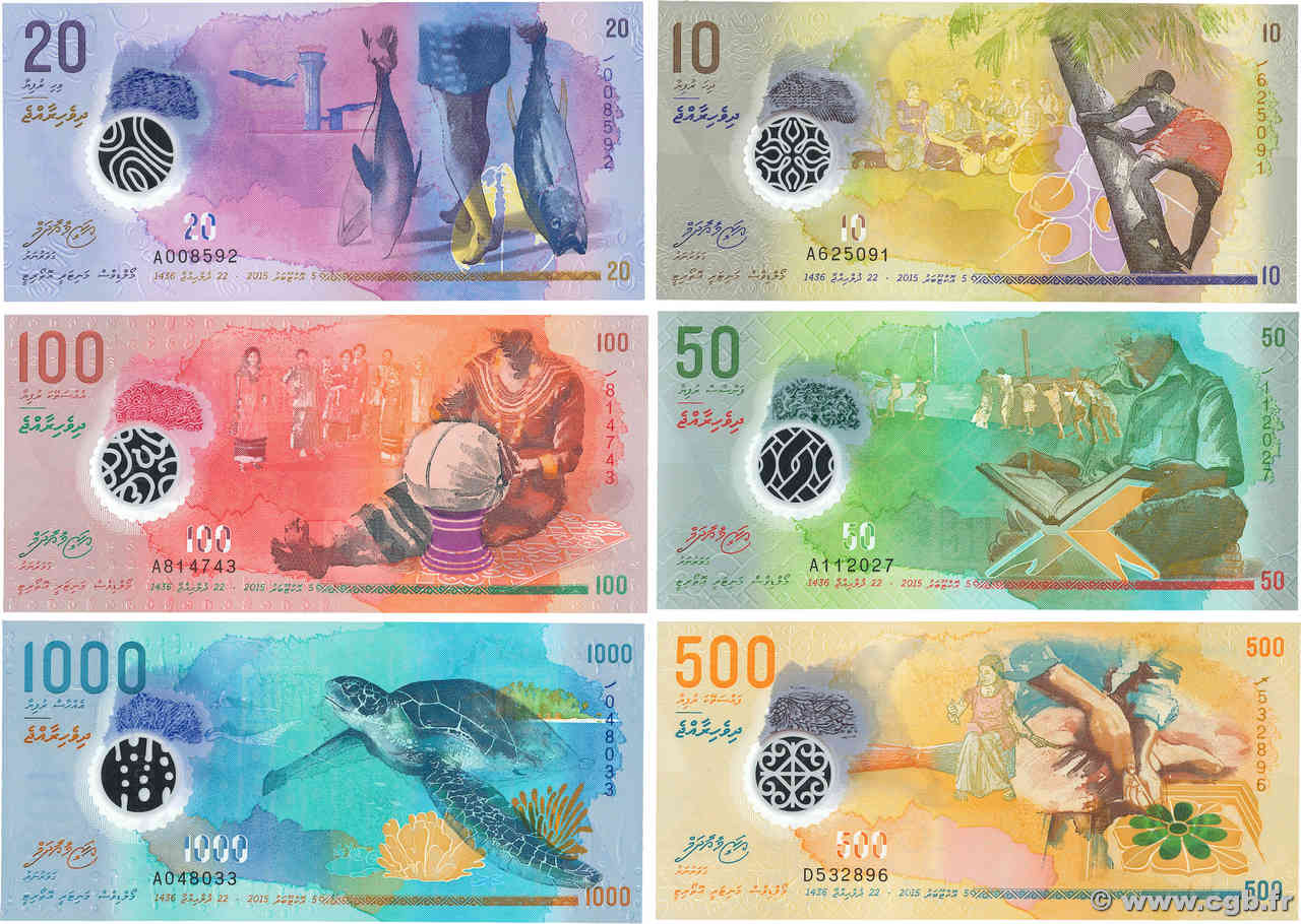 10 au 1000 Rufiyaa Lot MALDIVAS  2015 P.26 au P.31 FDC