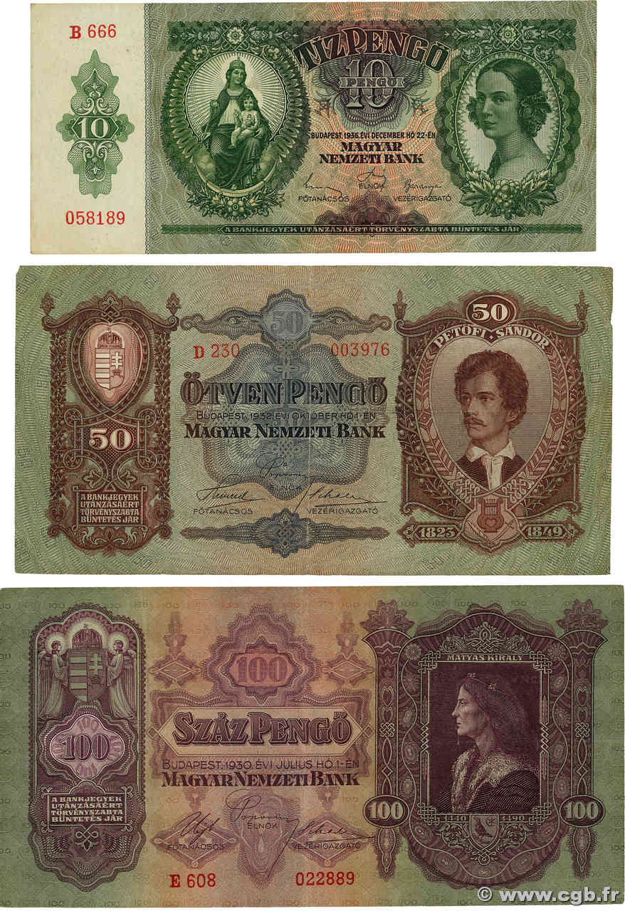 10, 50 et 100 Pengö Lot HUNGARY  1930 P.098, P.099 et P.100 F - VF