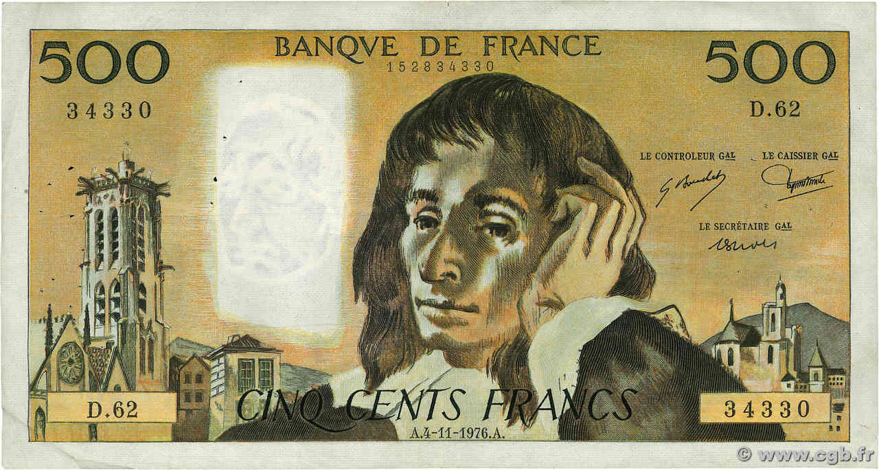 500 Francs PASCAL FRANCE  1976 F.71.15 TB