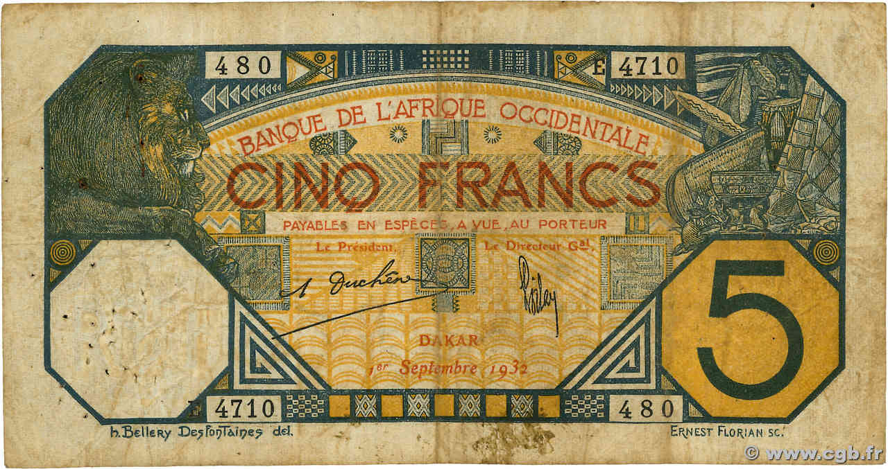 5 Francs DAKAR AFRIQUE OCCIDENTALE FRANÇAISE (1895-1958) Dakar 1932 P.05Be TB