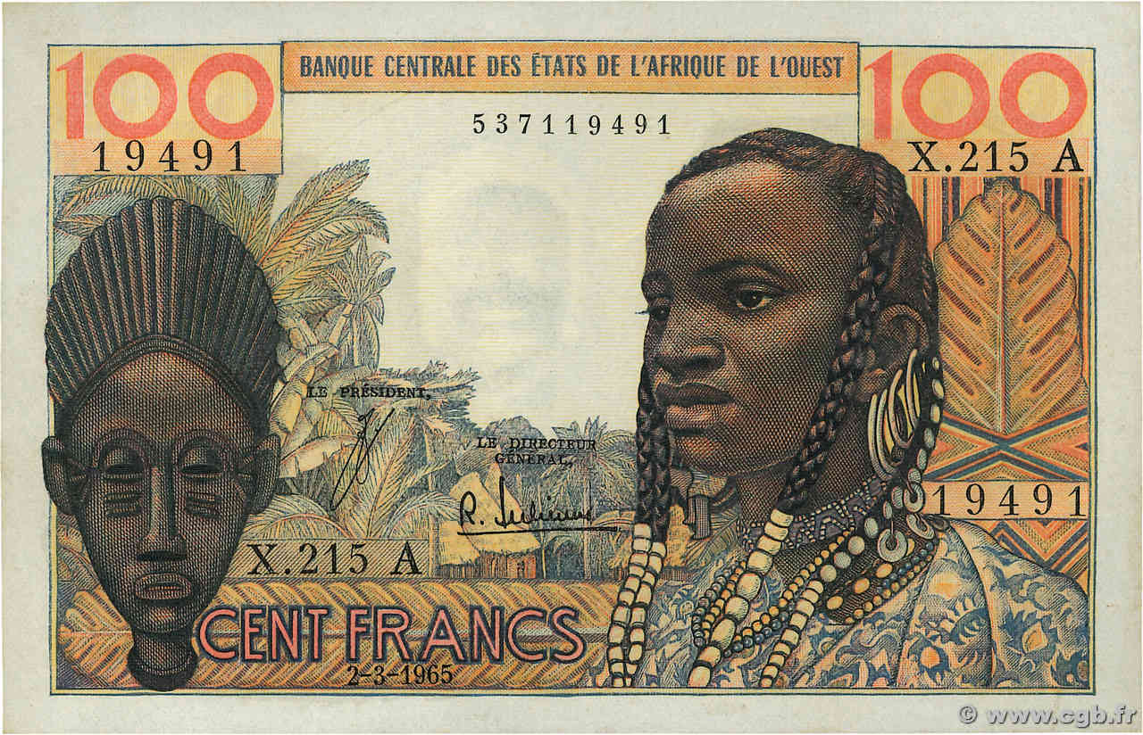 100 Francs Numéro radar WEST AFRICAN STATES  1965 P.101Ae XF+