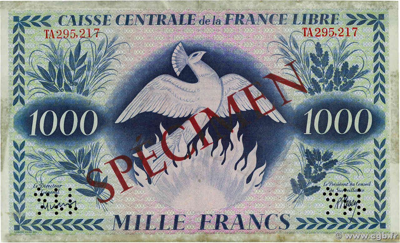 1000 Francs Phénix Spécimen AFRIQUE ÉQUATORIALE FRANÇAISE Brazzaville 1945 P.14s1 SS