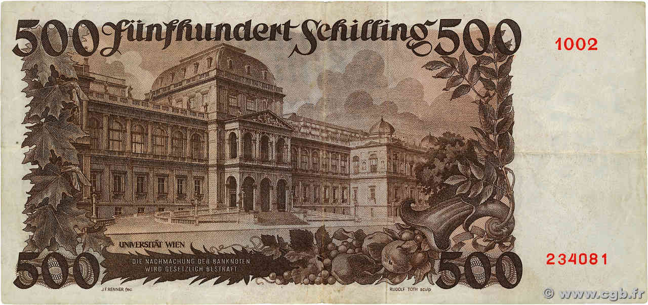 500 Schilling AUTRICHE 1953 P.134a 523828 Billets