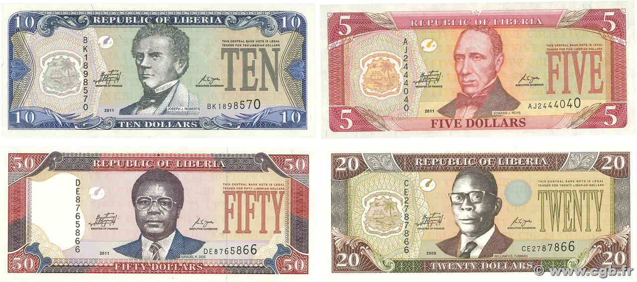 5 au 50 Dollars Lot LIBERIA  2009 P.26 au P.29 NEUF