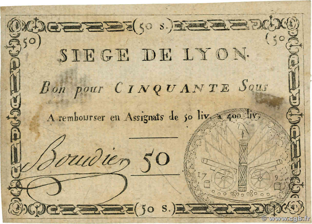 50 Sous Faux FRANCE régionalisme et divers Lyon 1793 Kol.137ax TTB