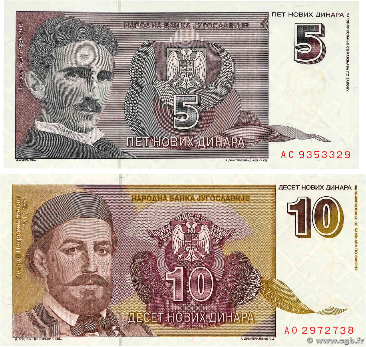 5 et 10 Novih Dinara Lot YOUGOSLAVIE  1994 P.148 et P.149 NEUF