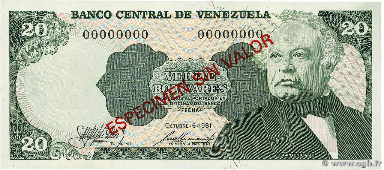20 Bolivares Spécimen VENEZUELA  1981 P.063s SPL