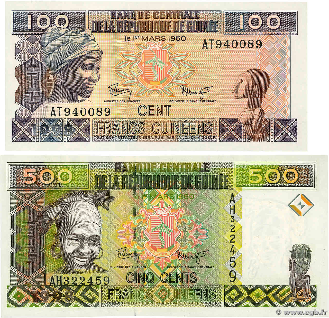 100 et 500 Francs Guinéens Lot GUINÉE  1998 P.35 et P.36 NEUF