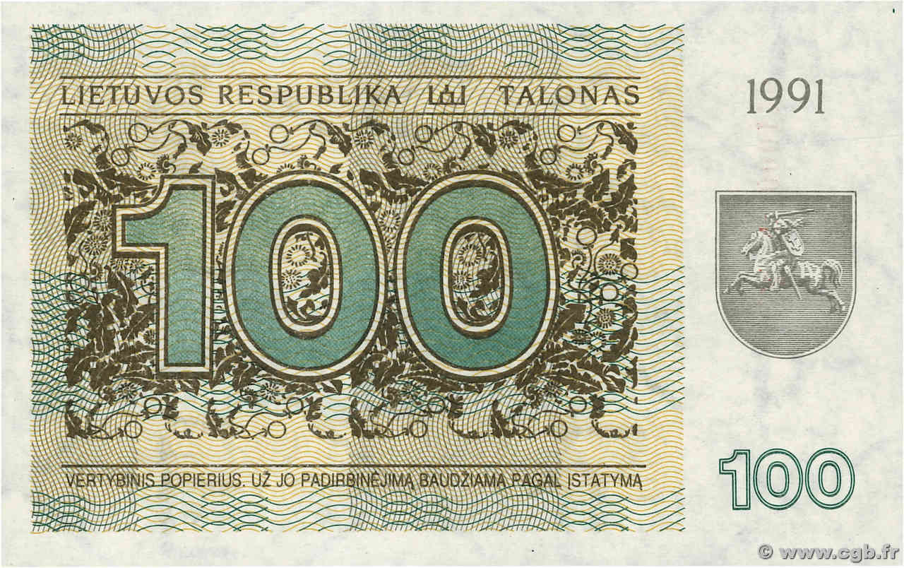 100 Talonas Petit numéro LITUANIE  1991 P.38b NEUF