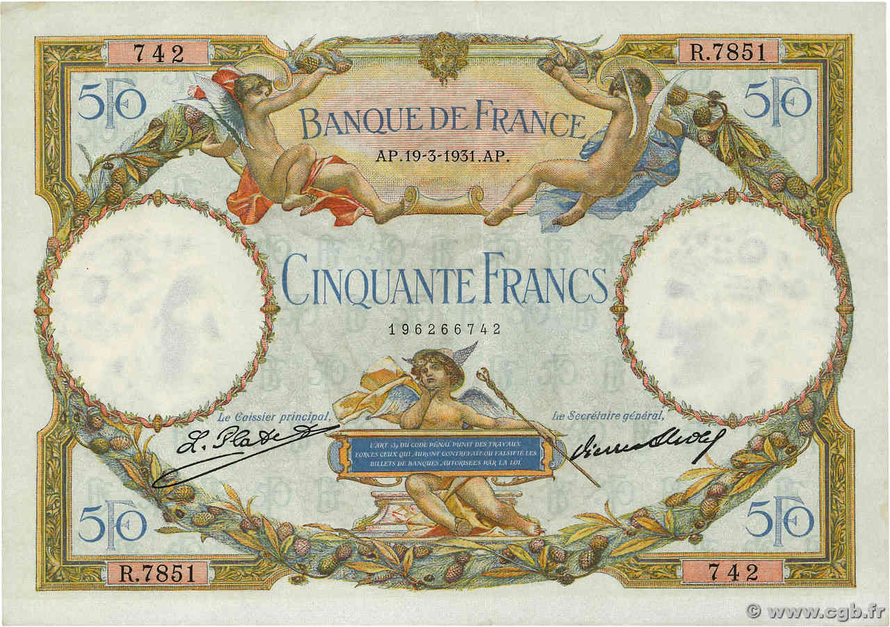 50 Francs LUC OLIVIER MERSON type modifié FRANCE  1931 F.16.02 pr.SUP