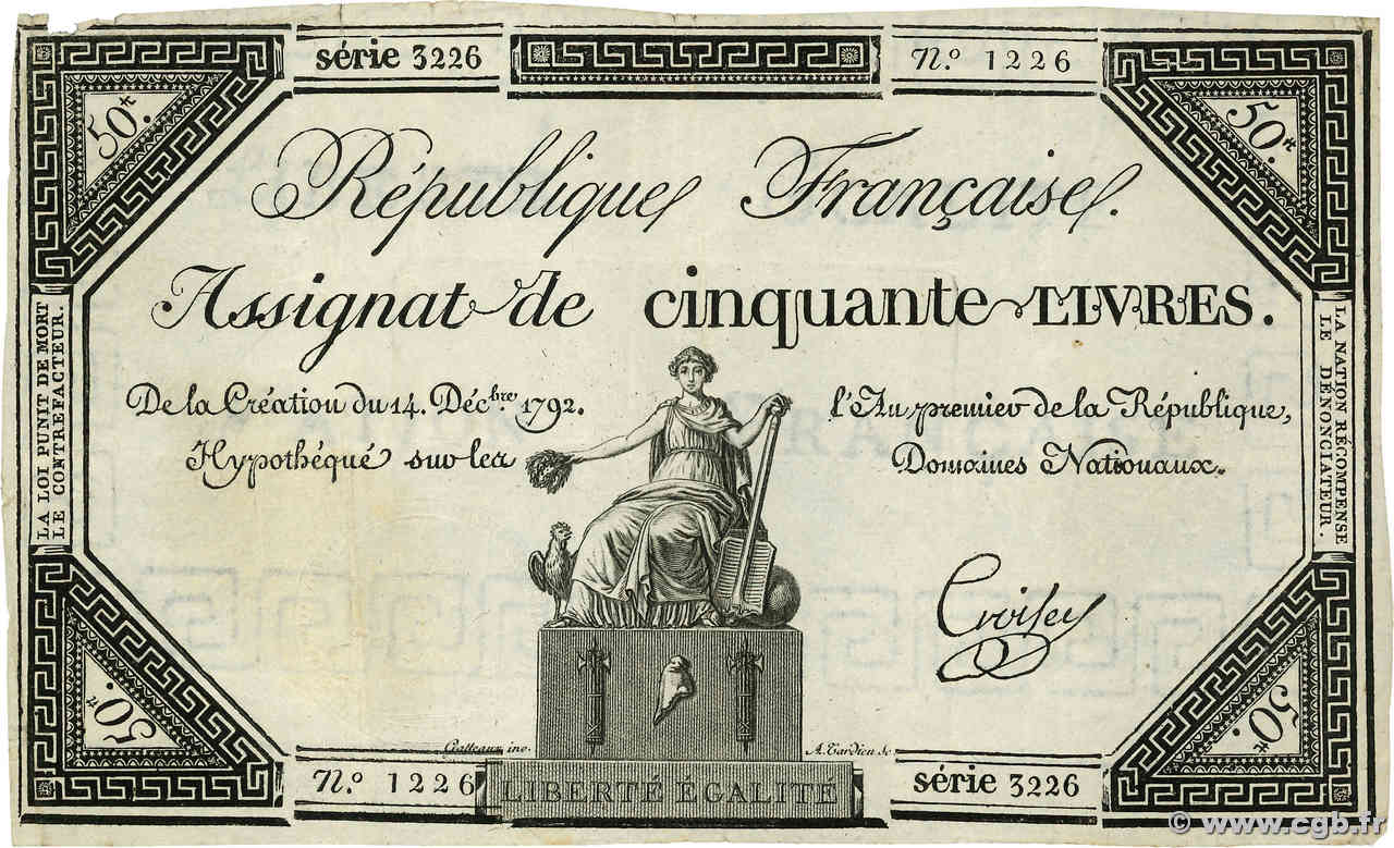 50 Livres FRANKREICH  1792 Ass.39a SS