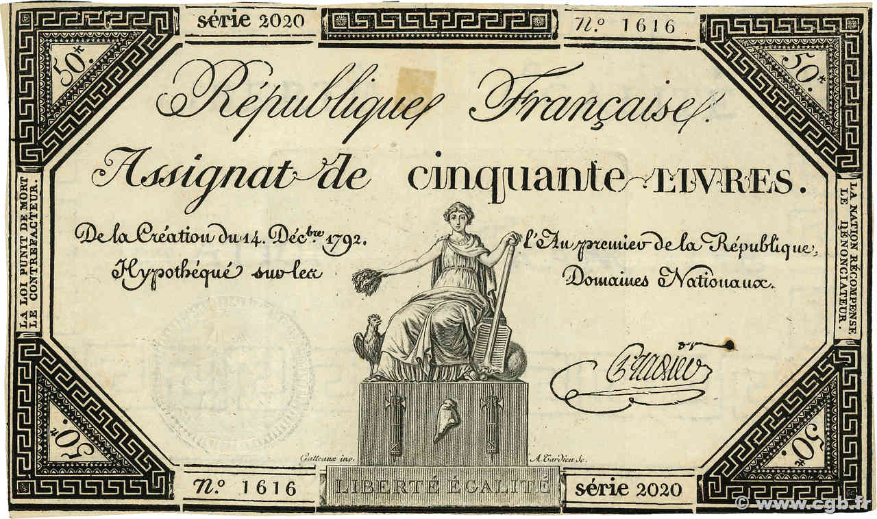 50 Livres Numéro spécial FRANCE  1792 Ass.39a TTB+