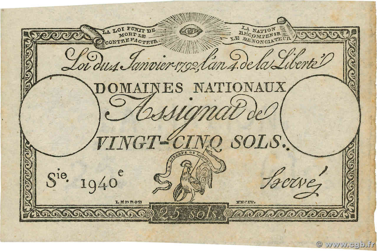 25 Sols Faux FRANCE  1792 Ass.25f AU