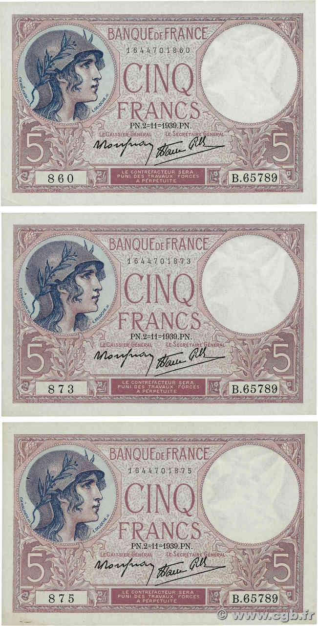 5 Francs FEMME CASQUÉE modifié Lot FRANCE  1939 F.04.14 XF