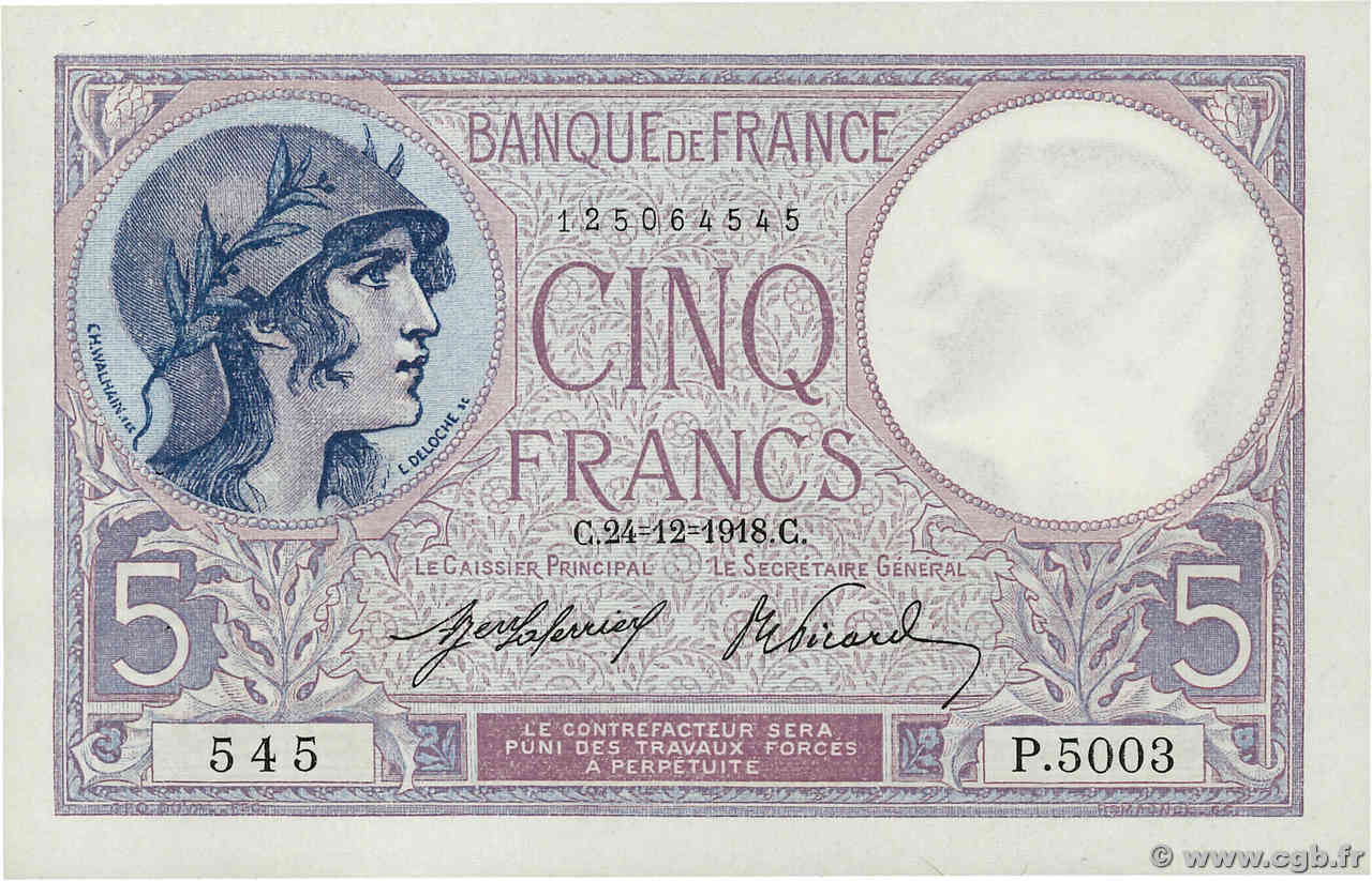 5 Francs FEMME CASQUÉE FRANKREICH  1918 F.03.02 fST