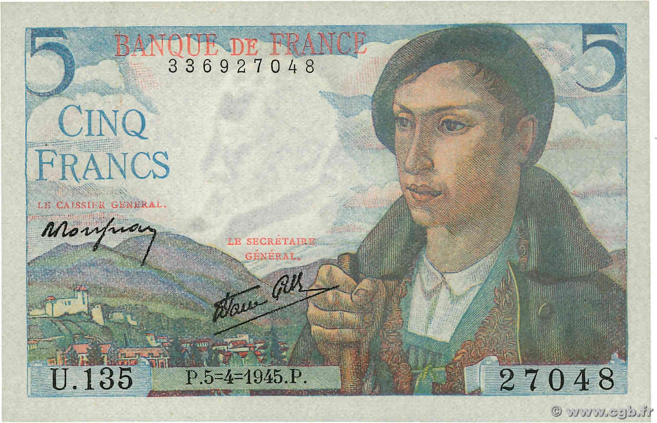 5 Francs BERGER FRANCIA  1945 F.05.06 q.FDC