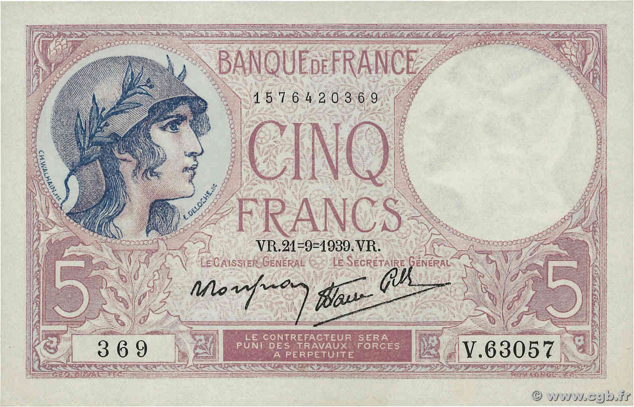 5 Francs FEMME CASQUÉE modifié FRANCIA  1939 F.04.09 SPL