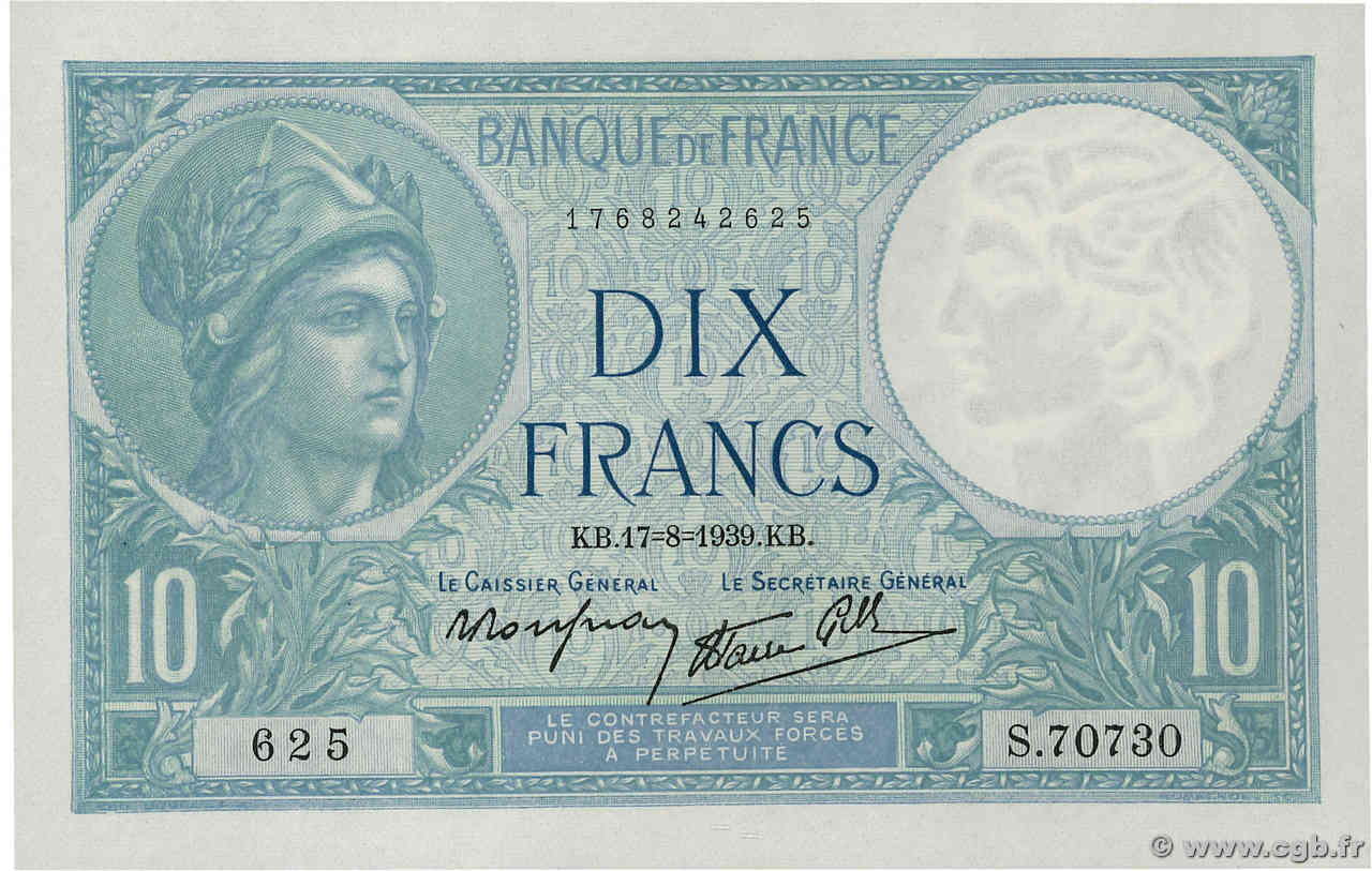 10 Francs MINERVE modifié FRANCE  1939 F.07.05 pr.NEUF