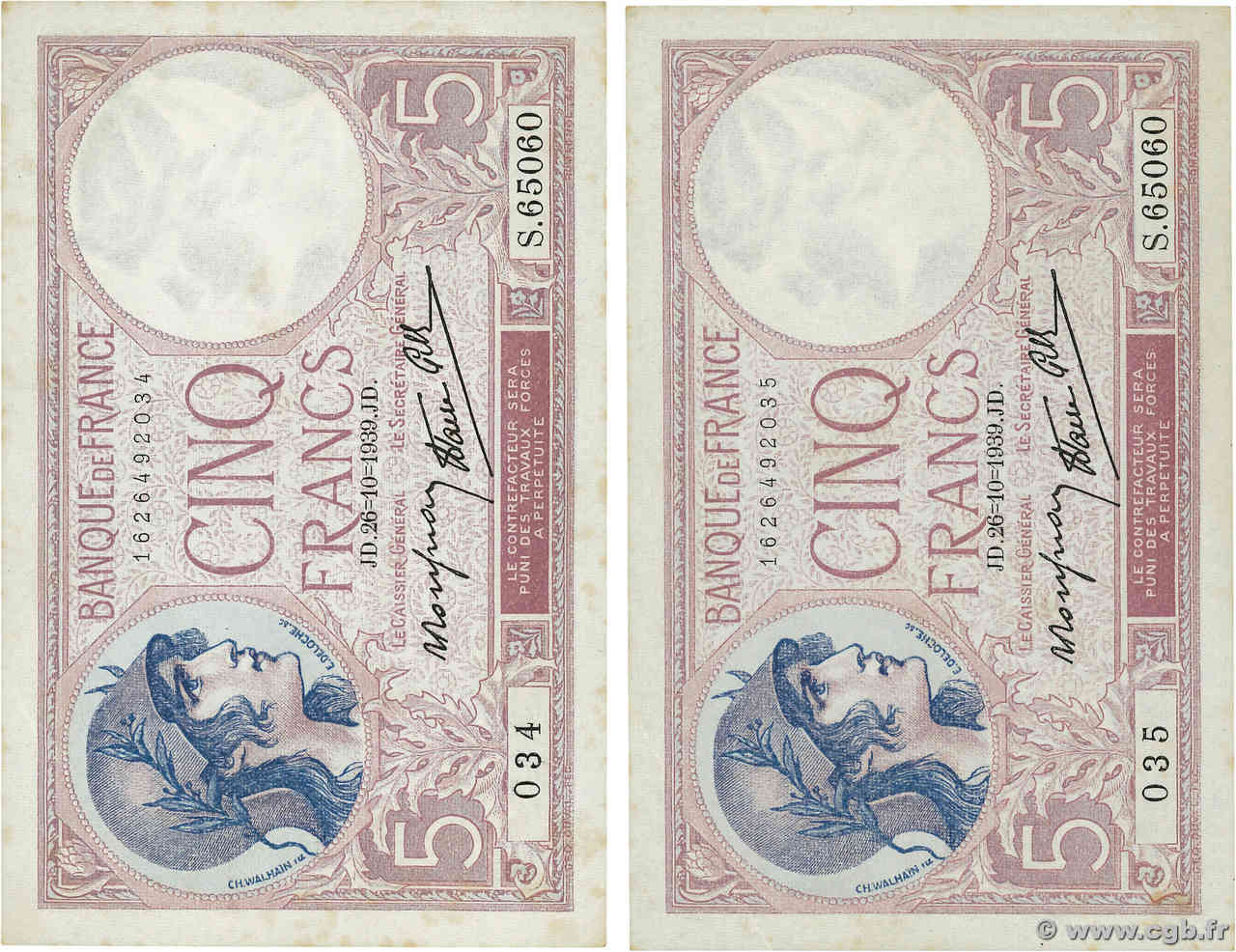 5 Francs FEMME CASQUÉE modifié Consécutifs FRANCIA  1939 F.04.13 EBC