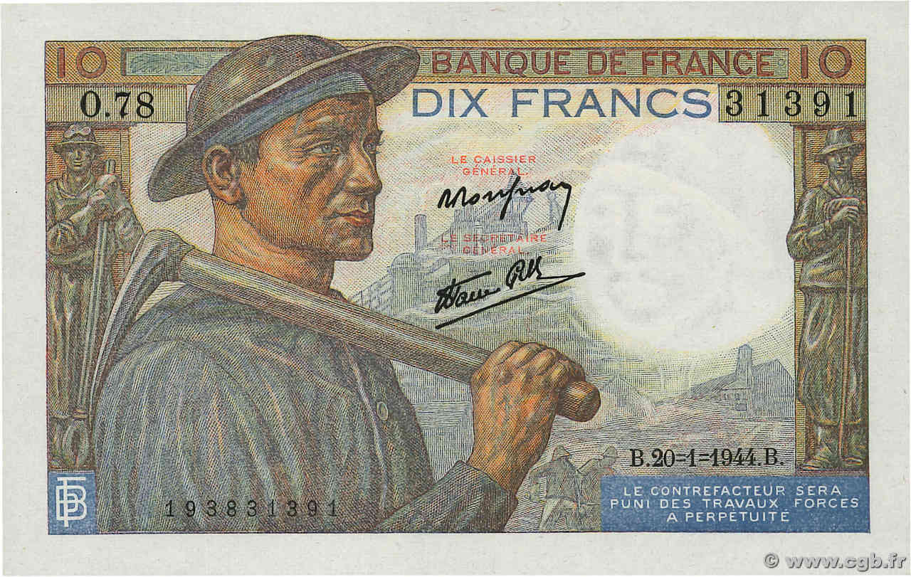 10 Francs MINEUR FRANCIA  1944 F.08.11 SC+