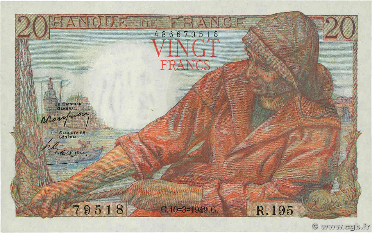 20 Francs PÊCHEUR FRANCE  1949 F.13.14 UNC-