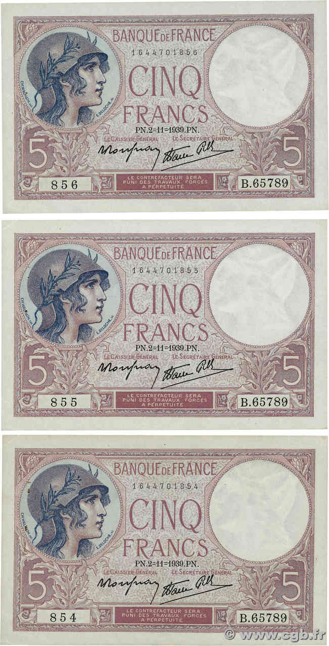 5 Francs FEMME CASQUÉE modifié Lot FRANKREICH  1939 F.04.14 VZ