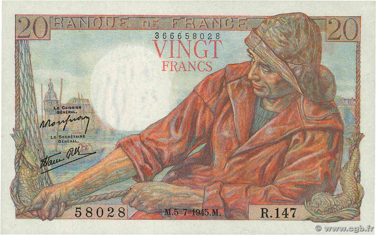 20 Francs PÊCHEUR FRANCIA  1945 F.13.10 AU