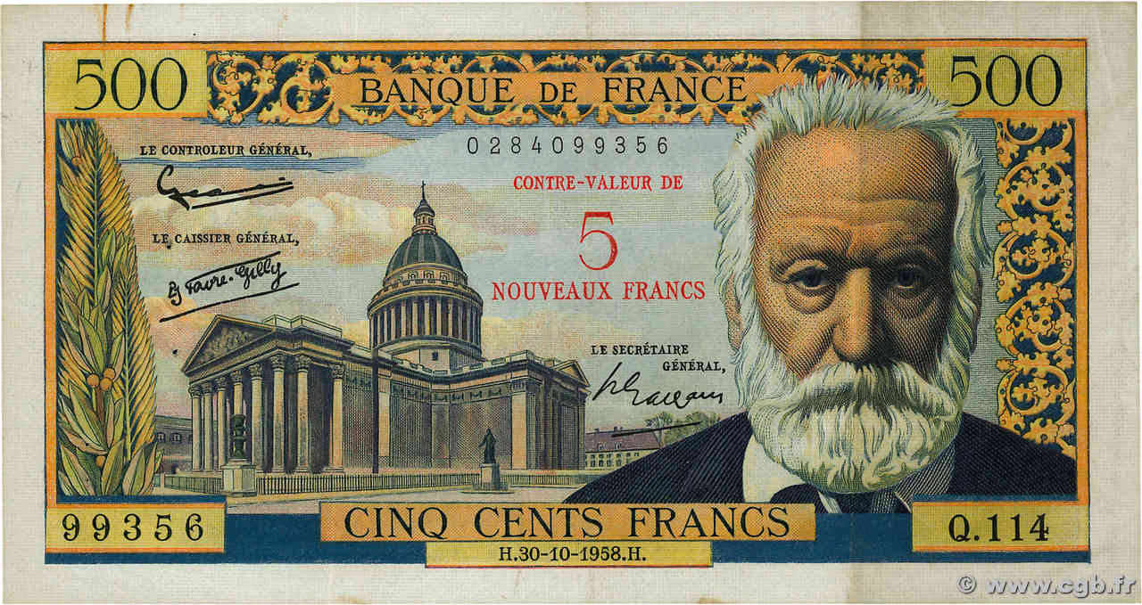 5 NF sur 500 Francs Victor HUGO FRANCIA  1958 F.52.01 BB