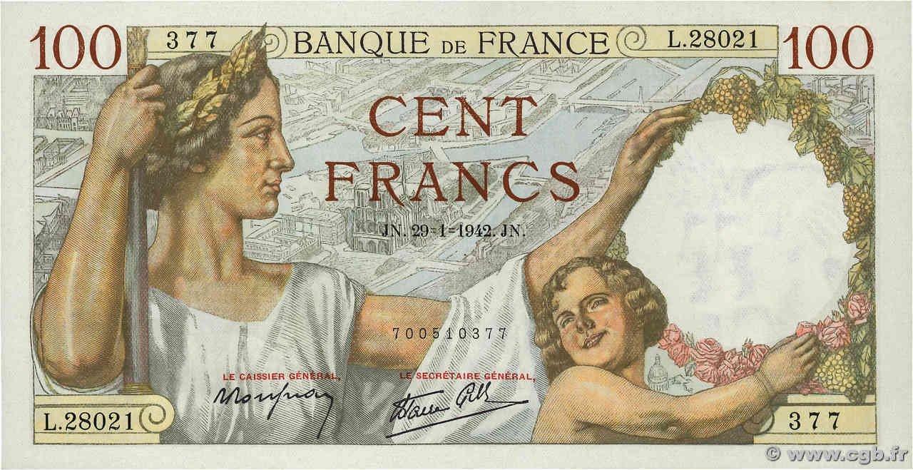 100 Francs SULLY FRANKREICH  1942 F.26.65 fST+