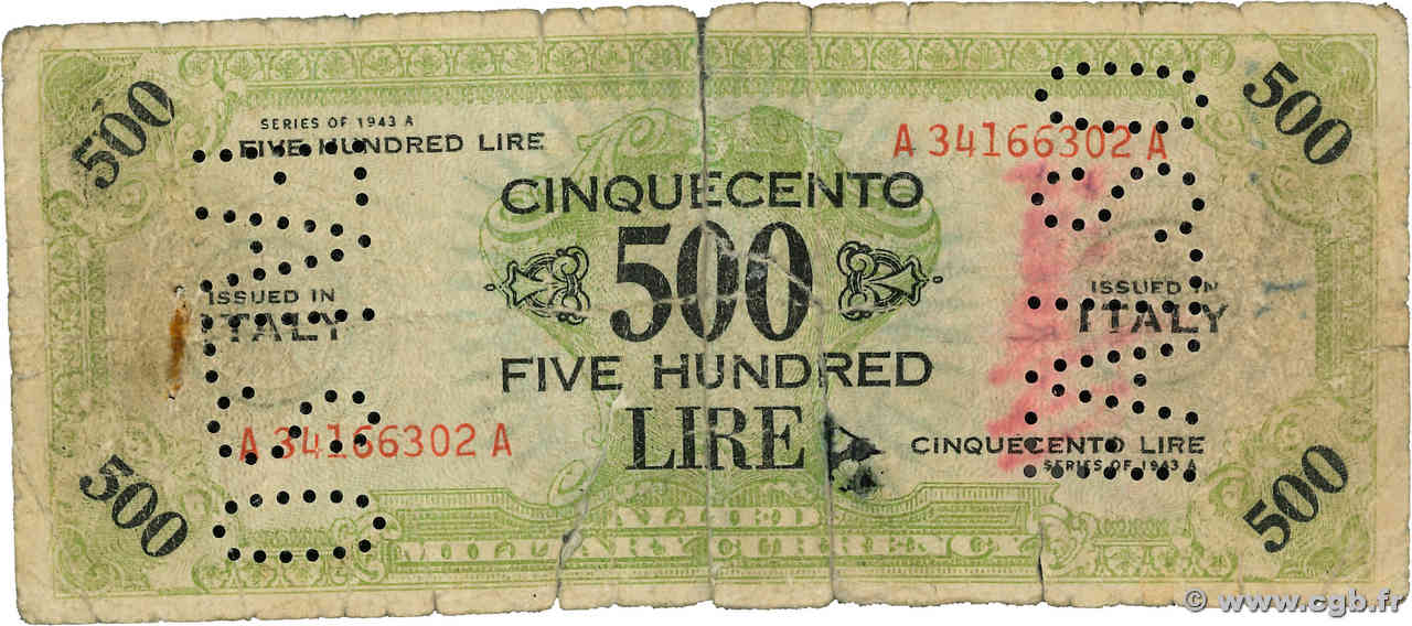 500 Lire Faux ITALIA  1943 PM.22a B