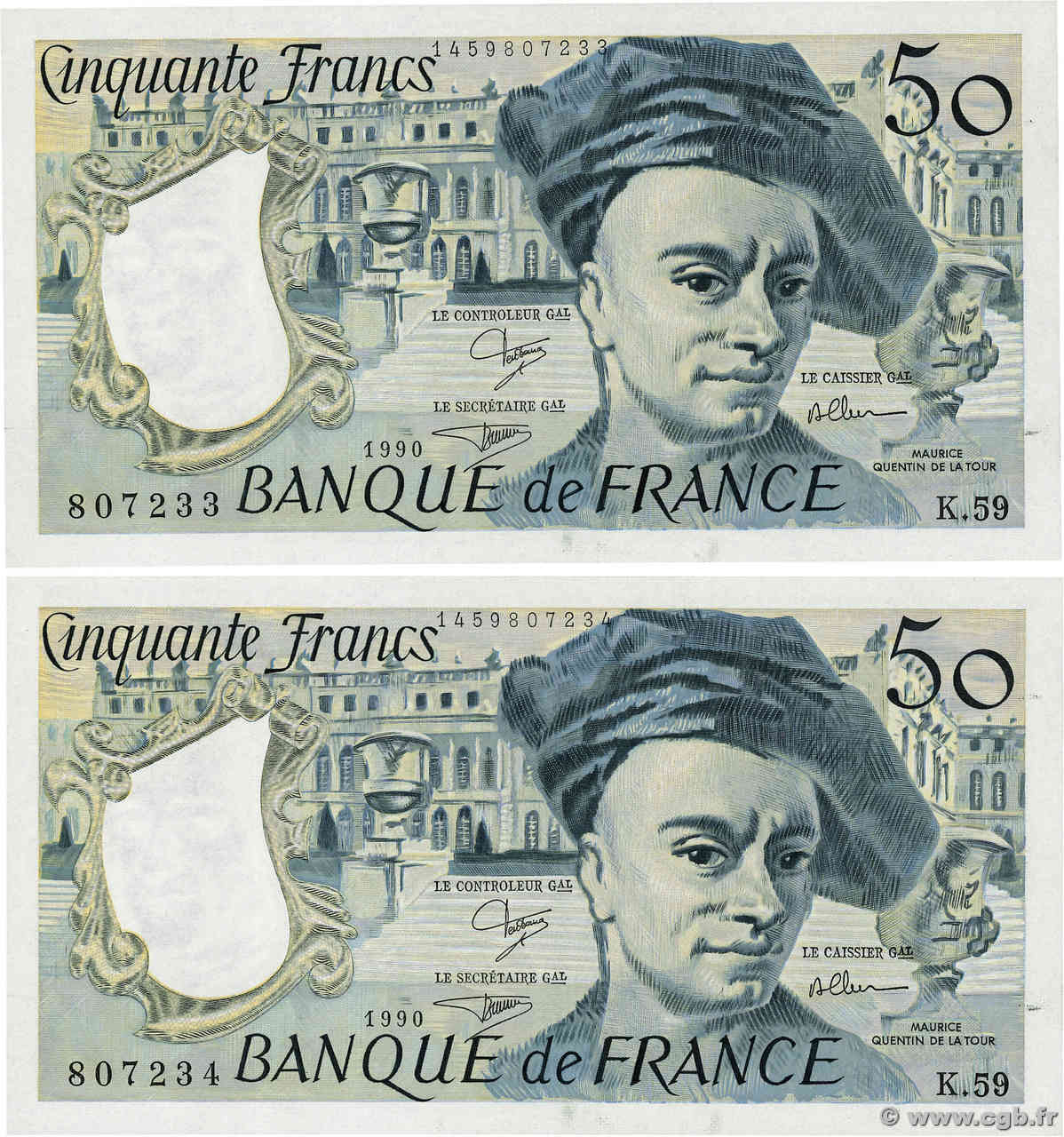 50 Francs QUENTIN DE LA TOUR Consécutifs FRANCIA  1990 F.67.16 q.FDC