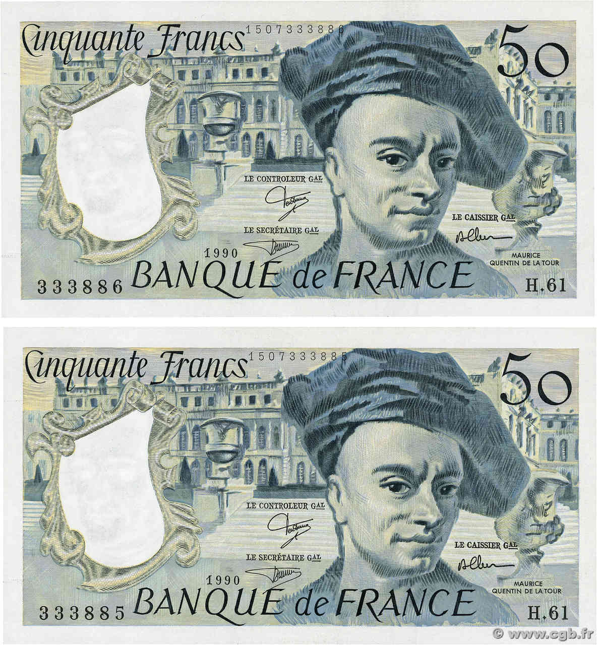 50 Francs QUENTIN DE LA TOUR Consécutifs FRANCIA  1990 F.67.16 q.FDC