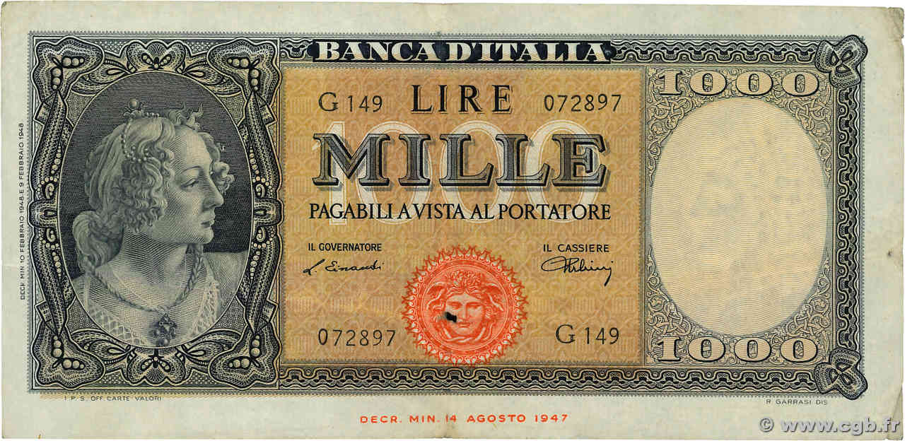 1000 Lire ITALIA  1948 P.088a MB