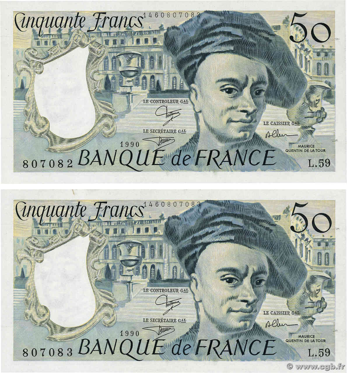 50 Francs QUENTIN DE LA TOUR Consécutifs FRANCE  1990 F.67.16 UNC-