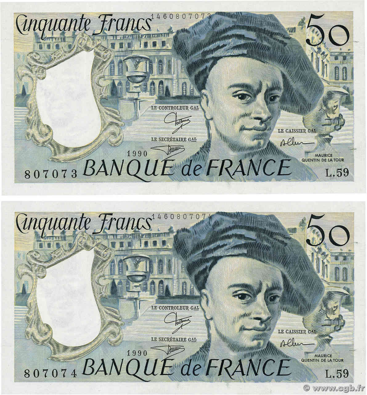 50 Francs QUENTIN DE LA TOUR Consécutifs FRANCIA  1990 F.67.16 FDC