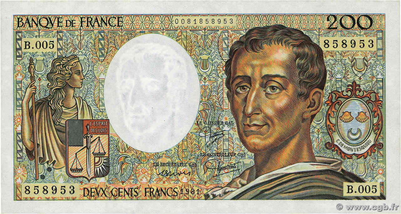 200 Francs MONTESQUIEU FRANCE  1981 F.70.01 UNC-