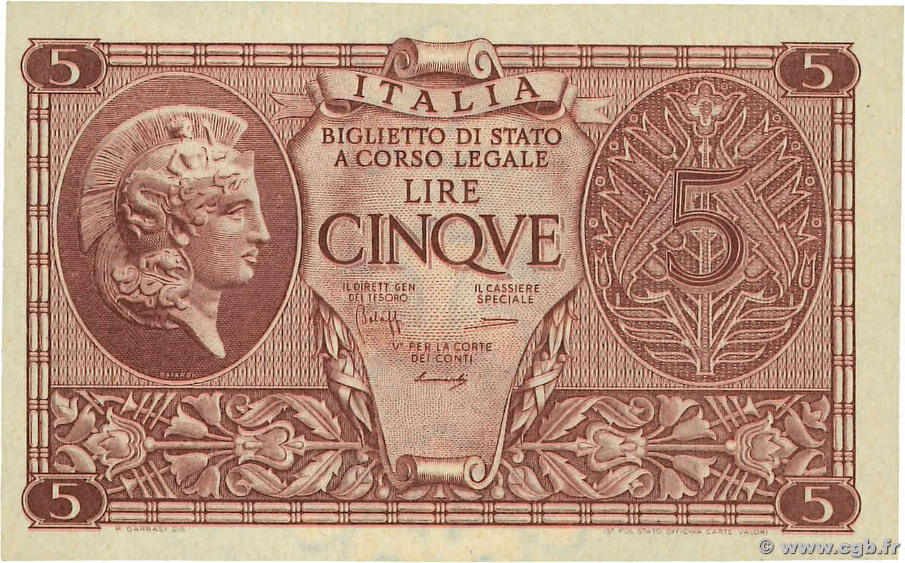 5 Lire ITALY  1944 P.031c UNC