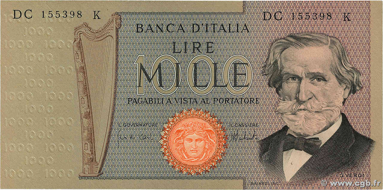 1000 Lire ITALIA  1975 P.101d FDC