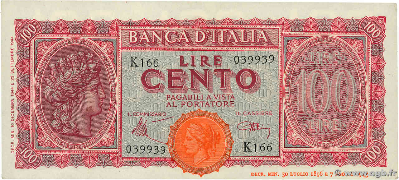 100 Lire ITALY  1944 P.075a AU