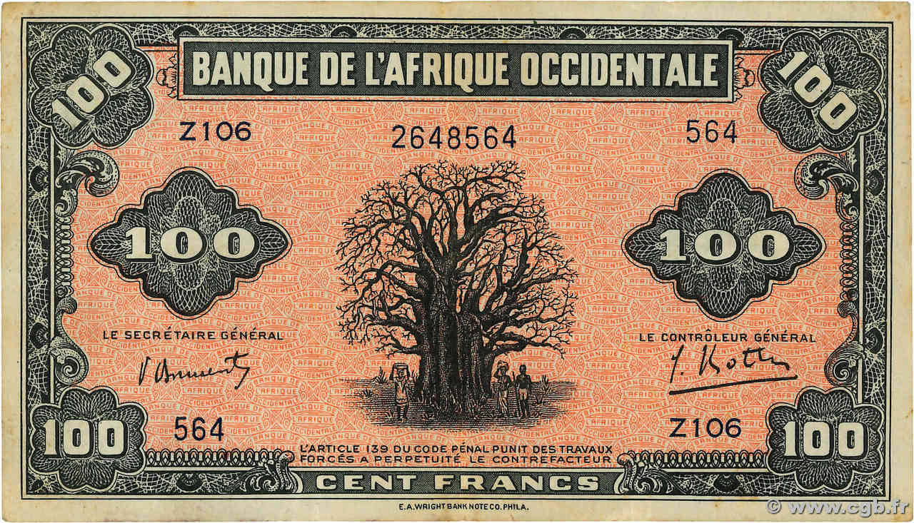 100 Francs FRENCH WEST AFRICA  1942 P.31a SS