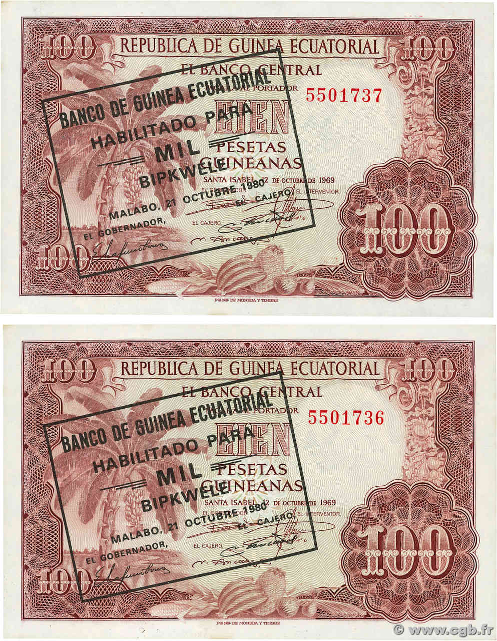 1000 Bipkwele sur 100 Pesetas Consécutifs EQUATORIAL GUINEA  1980 P.18 UNC-