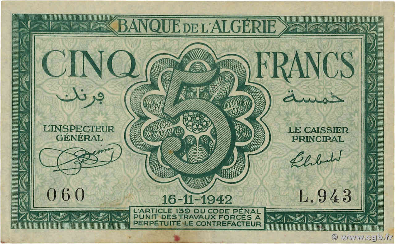 5 Francs ALGERIA  1942 P.091 SPL