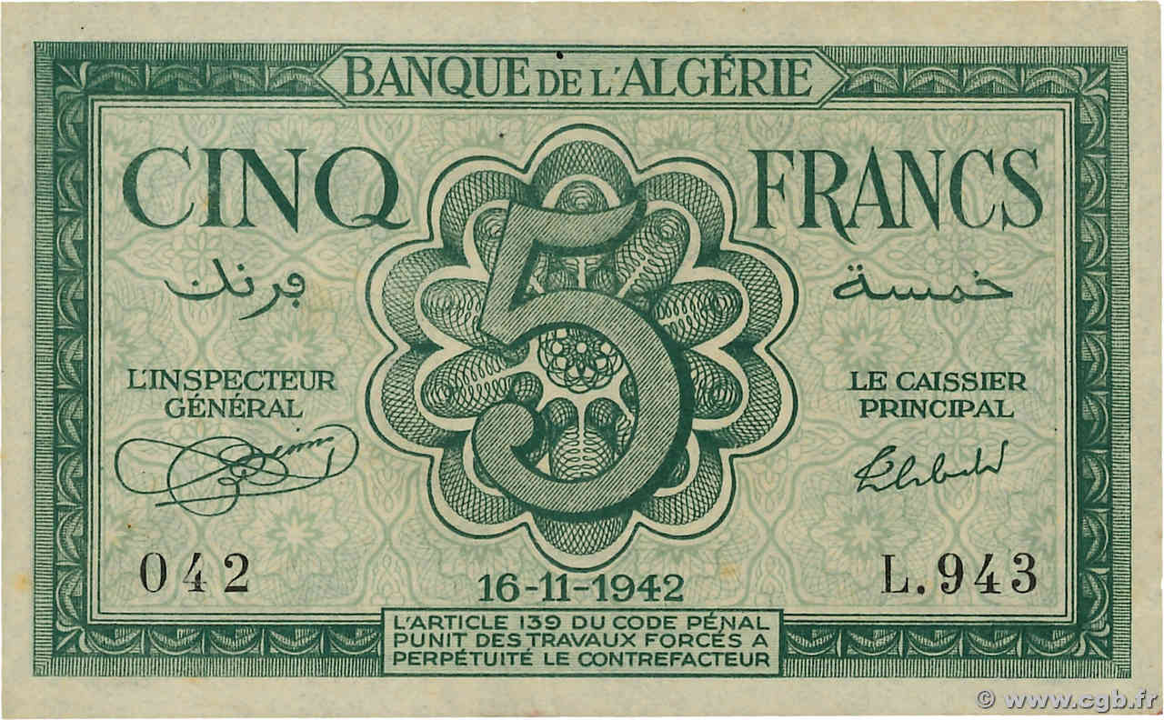 5 Francs ALGÉRIE  1942 P.091 SUP