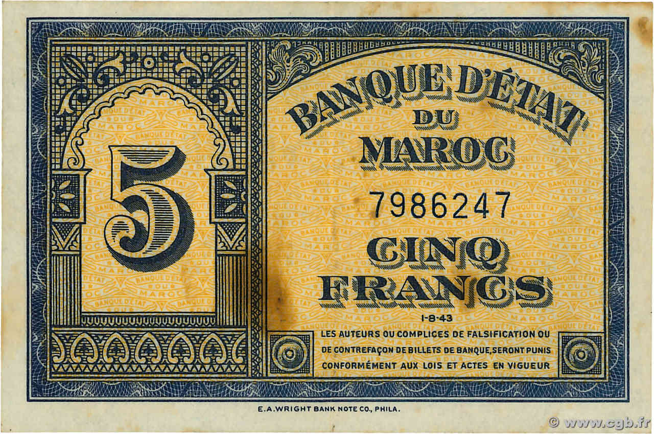 5 Francs MAROKKO  1944 P.24 SS