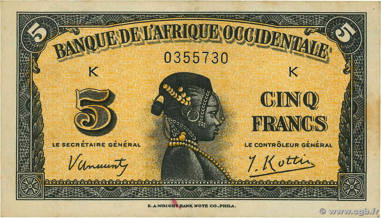 5 Francs AFRIQUE OCCIDENTALE FRANÇAISE (1895-1958)  1942 P.28a TTB