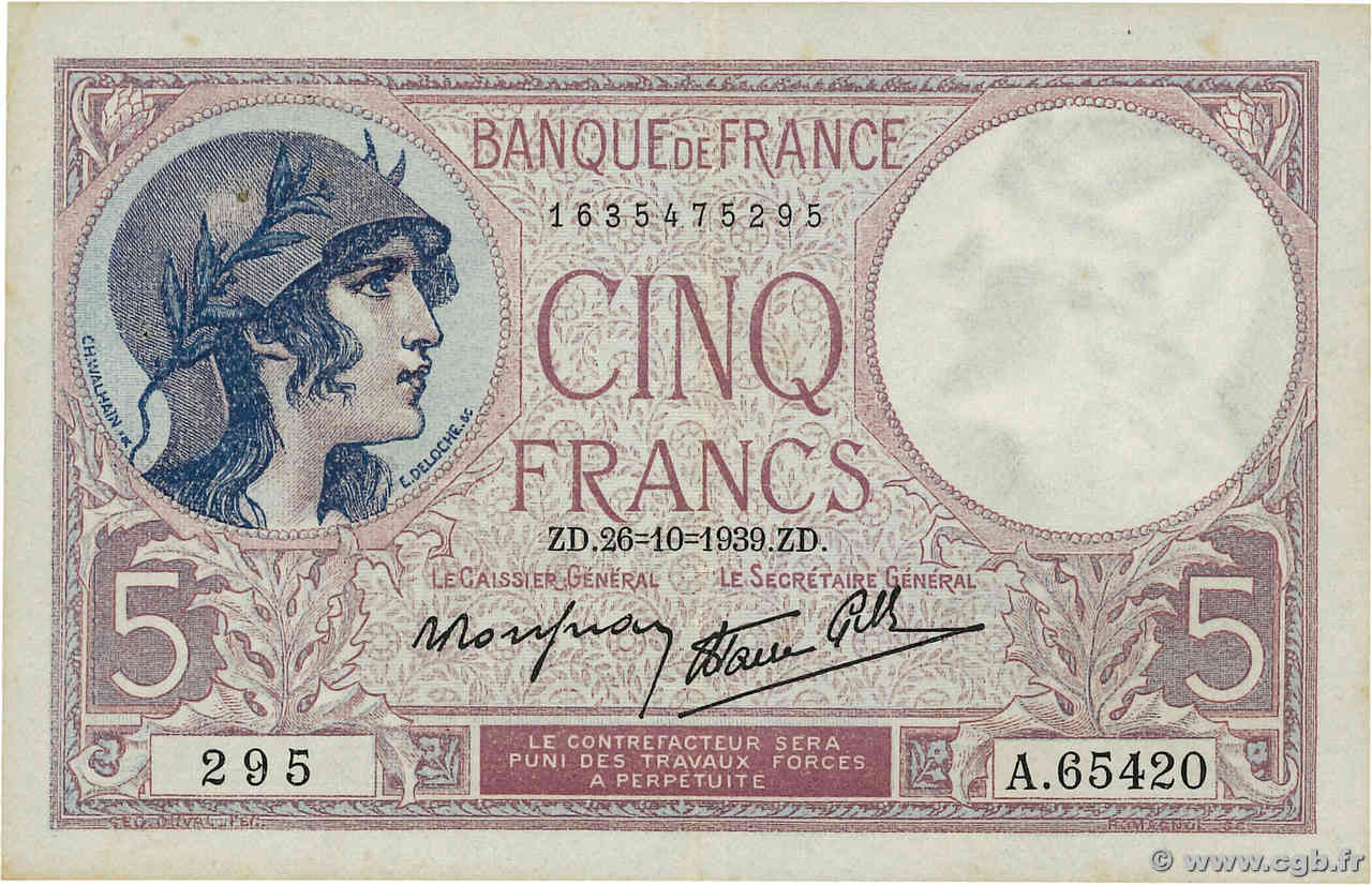 5 Francs FEMME CASQUÉE modifié FRANCE  1939 F.04.13 TTB+