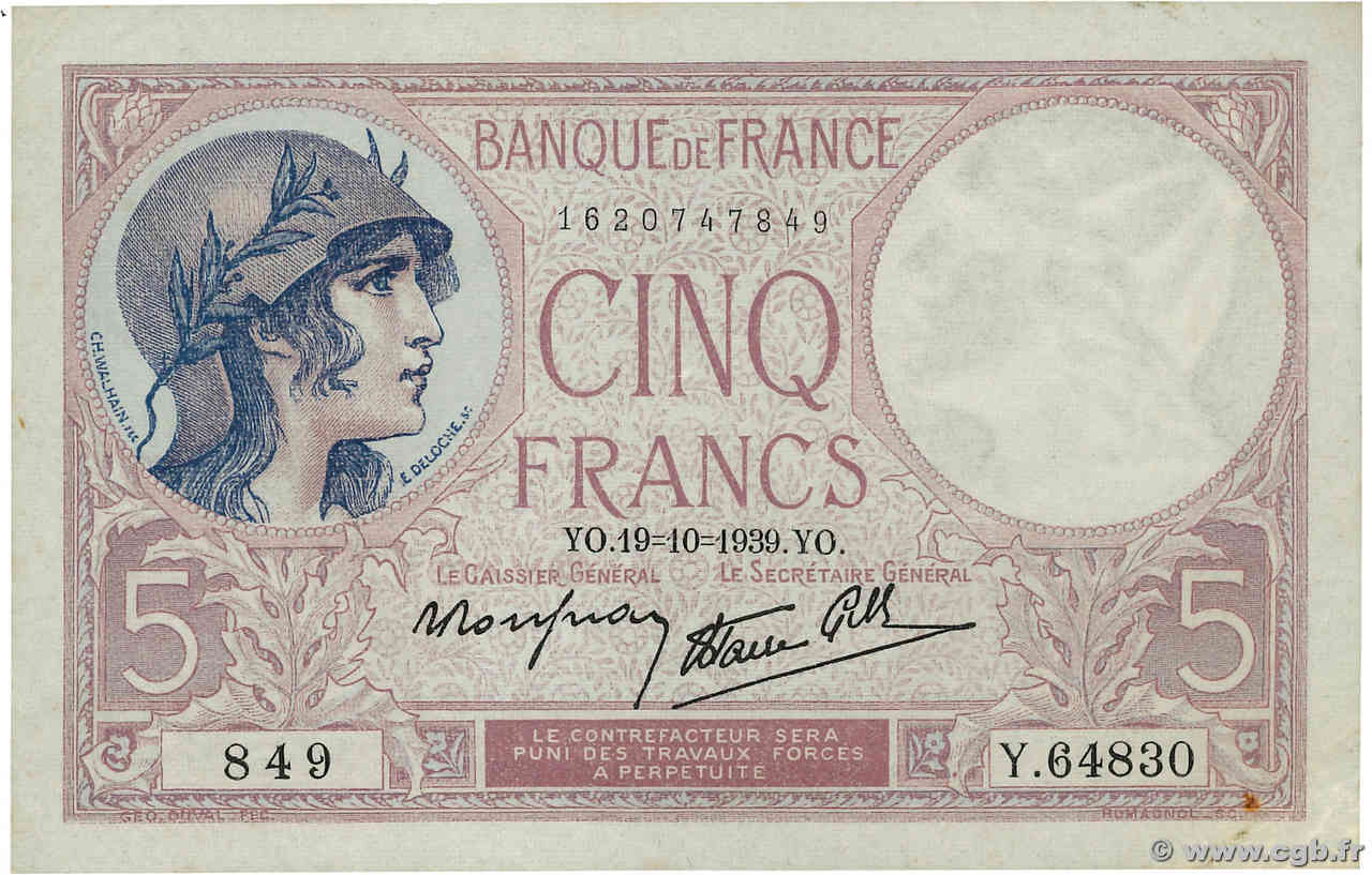 5 Francs FEMME CASQUÉE modifié FRANCE  1939 F.04.12 XF