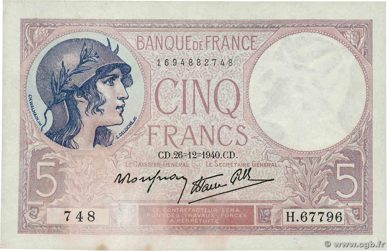 5 Francs FEMME CASQUÉE modifié FRANCE  1940 F.04.18 XF-