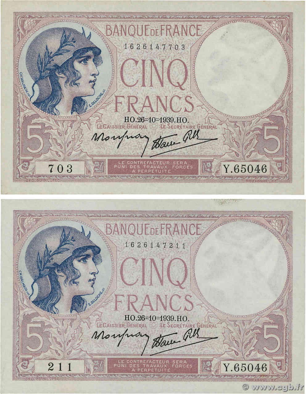 5 Francs FEMME CASQUÉE modifié Lot FRANKREICH  1939 F.04.13 VZ