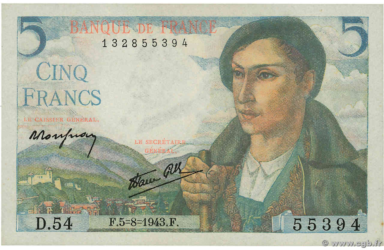 5 Francs BERGER FRANCE  1943 F.05.03 AU+